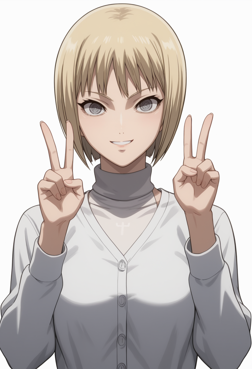 score_9, score_8_up, score_7_up, source_anime, BREAK white background, 1girl, solo, upper body,  <lora:DX888Clare:1>clare,  turtleneck sweater,  grey eyes, medium breasts, (cardigan:1.2), v pose, light smile,  anime screencap,