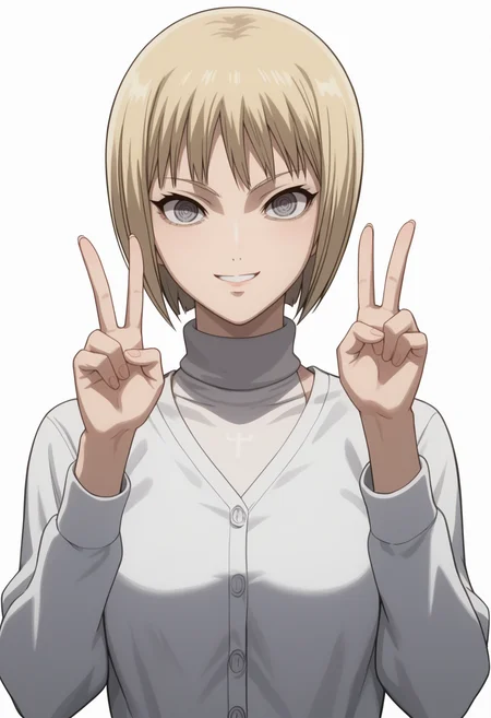 score_9, score_8_up, score_7_up, source_anime, BREAK white background, 1girl, solo, upper body,  <lora:DX888Clare:1>clare,  turtleneck sweater,  grey eyes, medium breasts, (cardigan:1.2), v pose, light smile,  anime screencap,