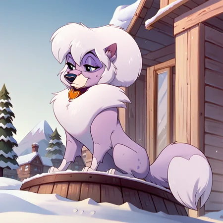 score_9, score_8_up, score_7_up, score_6_up, score_5_up, score_4_up, <lora:DixieBaltoPNY:1>, dixiefrbalto, body fur, dog, two tone fur, purple fur, collar, blue eyes, solo, no humans, white hair, tail, outside, snow, trees, animal ears, sitting, buildings,