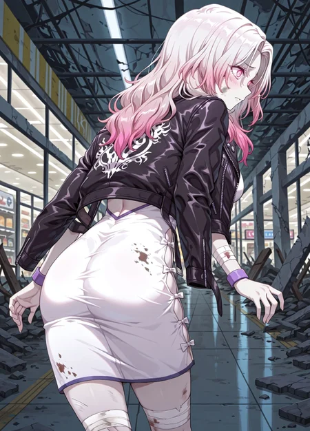 unholy-aesthetic, masterpiece, best quality, amazing quality, absurdres, 

uw_h3len, 1girl, solo, two-toned hair, gradient hair, white hair, pink hair, pink eyes, glowing eyes, pale skin, medium breasts, 

black jacket, leather jacket, (draped over jacket:1.2), white dress, purple wristband, bandage, bandaged leg, 

Worried, standing, look away, cowboy shot, mall, inside, ruins, dirty, dim light, night time, depth_of_field, focus, detailed, from behind, back view, 