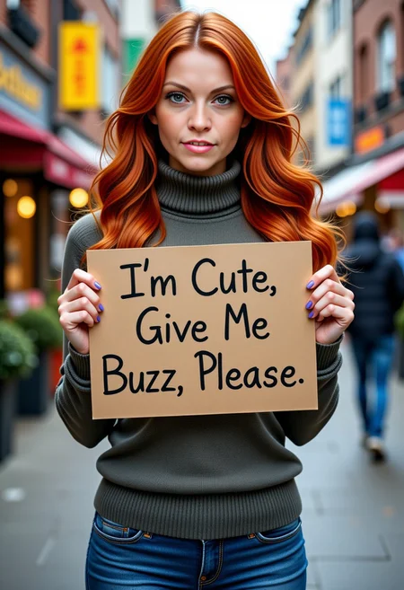 Bbbonflux, beautiful redhead milf wearing a turtle neck sweater and jeans, coy smile, holding a sign that reads "I'm Cute. Give Me Buzz, Please.)