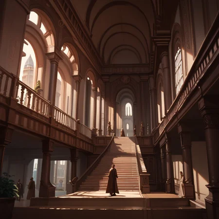 score_9, score_8_up, score_7_up, score_6_up, jedi temple, star wars, scenery, stairs, window, people, shadow, night, indoors, hallway, columns, high ceiling