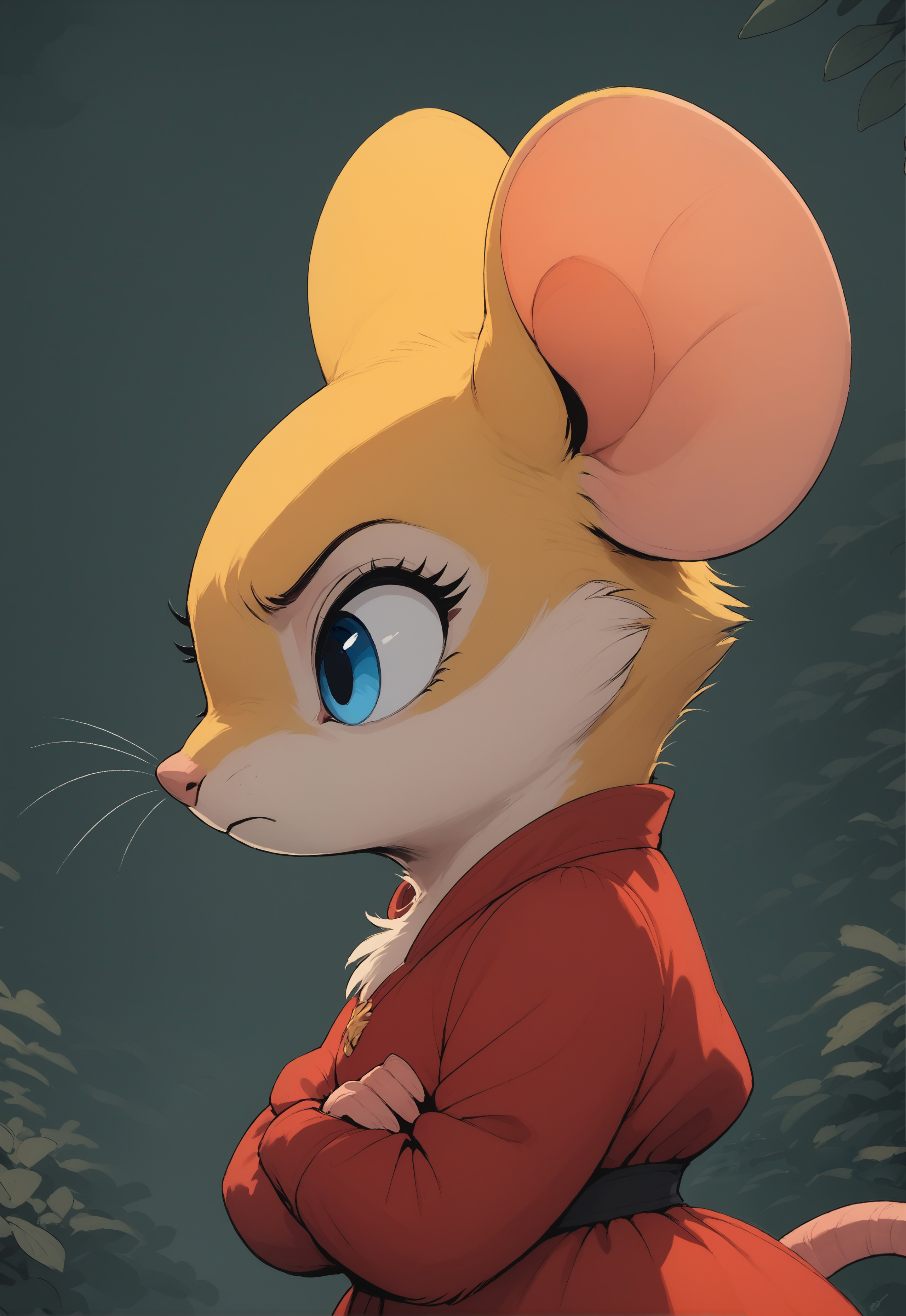 score_9, score_8_up, score_7_up, score_6_up, score_5_up, score_4_up, mouse, female, (feral, cute:1.3), yellow fur, blue eyes, red dress, ,  , (Arms crossed over the chest looking serious:1.2), from side, side view, 