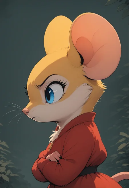 score_9, score_8_up, score_7_up, score_6_up, score_5_up, score_4_up, mouse, female, (feral, cute:1.3), yellow fur, blue eyes, red dress, ,  , (Arms crossed over the chest looking serious:1.2), from side, side view, 