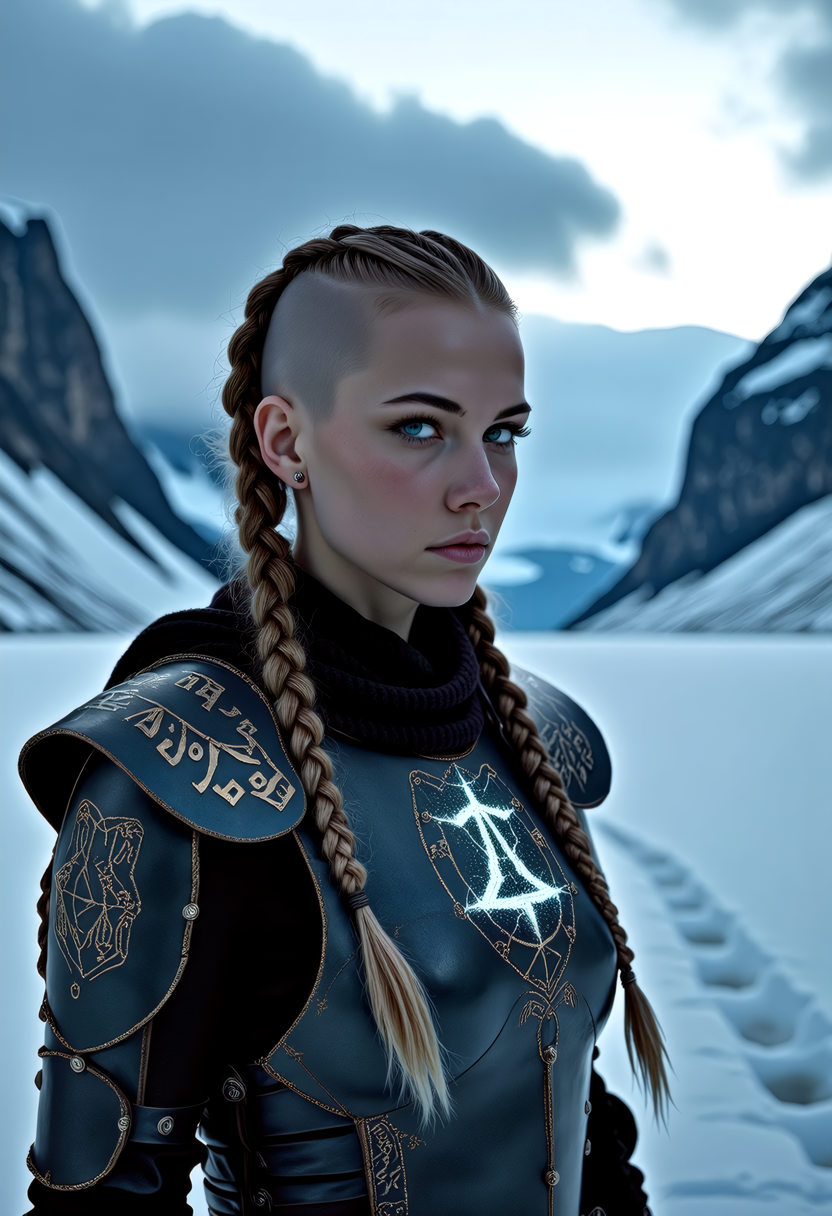 A captivating image emerges, focusing on a viking_punk warrior-princess with her presence commanding attention in the icy wasteland. Her futuristic viking armor based on traditional viking armor, a seamless fusion of technology and her athletic form, slim-athletic form highlights her strength and agility. The warrior's twin braids with shaved sides, frames her determined expression, while her piercing eyes bore into the viewer. Ancient runes are etched into her battleaxe and armor, crackling with mystical glowing energy. The frozen landscape, a testament to her people's resilience, stretches into the distance, where dark, ominous clouds partially veil the rugged mountainous pass, filling the air with crispness and the promise of lightning. This artwork, with its Nordic and Viking-inspired elements, captures the essence of a powerful futuristic figure, seamlessly blending ancient traditions with futuristic innovations. Beauty, chiaroscuro, play of shadow and light, realistic, <lora:artist/style_of_H._R._Giger_FLUX_295-000006.safetensors:1.0>, style of H. R. Giger, <lora:wlop:0.8>, wlop,  <lora:flux/flux realism lora.safetensors:1.0>,  <lora:art and styles/MysticFantasy.safetensors:1.0>,  <lora:scifi/RM Robotify v0.7M.safetensors:1.0>,