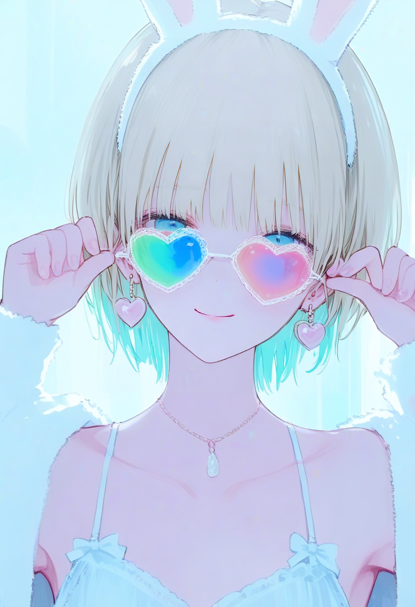 1girl, heart-shaped eyewear, solo, heart, jewelry, blonde hair, fake animal ears, animal ears, earrings, sunglasses, rabbit ears, looking at viewer, short hair, blue eyes, smile, necklace, tinted eyewear, pink-tinted eyewear, heart earrings, upper body, closed mouth, bangs, looking over eyewear, adjusting eyewear, hairband, bare shoulders, white-framed eyewear, hands up, camisole, white hairband <lora:748cmXL_NBVP1_lokr_V6311PZ:0.95>