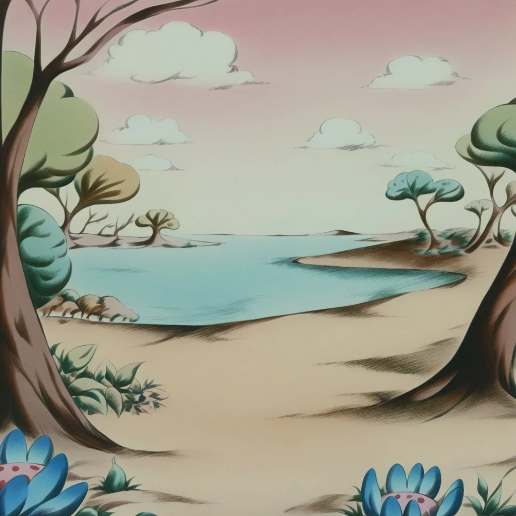 masterpiece, retro anime, cartoonish, high resolution,8k, fantasticplanet,
scenery, landscape, water, cloud, tree, plants,