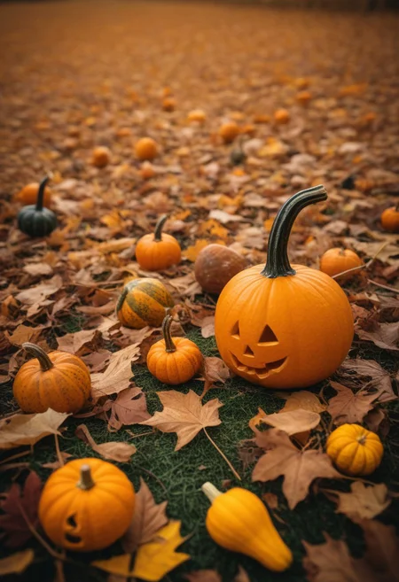 Masterpiece, professional macro photograph, low angle, view from ground, close-up, autumn theme, fall scene, Halloween, gourds of various size and color, falling leaves, vibrant colors, bokeh, sharp focus, shallow focus, highly detailed,