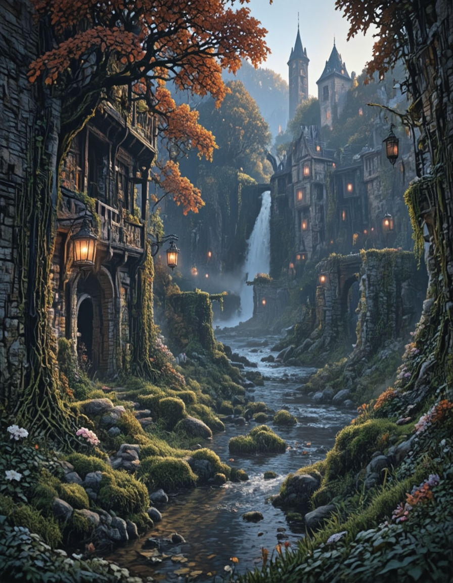 <lora:Medieval_Worlds_Special_fl:1> medieval, very detailed, river, moss, illuminated, lanterns, flowers, roots, grass, mw01out, realistic photo, bokeh, white, gold, T2, T8, green, fantasy, T10, landscape, rocks, tree, vegetation, moss, rough sea, waterfall, sunset, blue, orange, yellow, brown, mist, autumn,