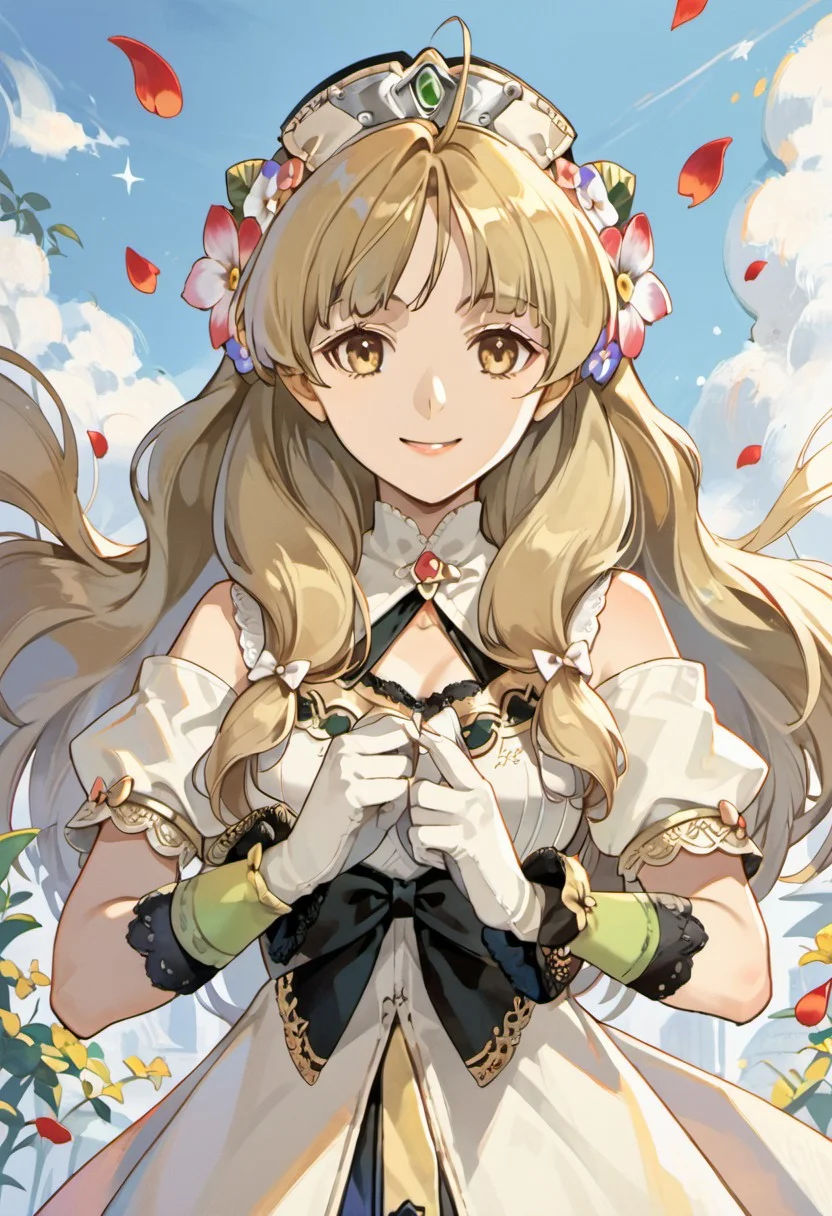 score_9, score_8_up, score_7_up, source_anime,ayesha altugle, long hair, golden eyes, light brown hair, 1girl, gloves, solo, hair ornament, flower, looking at viewer, hair flower, petals, bow, smile, white gloves