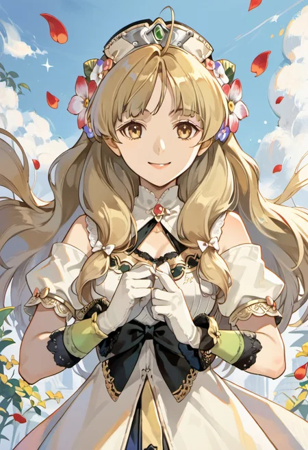 score_9, score_8_up, score_7_up, source_anime,ayesha altugle, long hair, golden eyes, light brown hair, 1girl, gloves, solo, hair ornament, flower, looking at viewer, hair flower, petals, bow, smile, white gloves