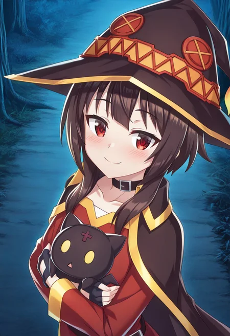 Megumin-Liver020, red eyes, short hair, brown hair, short hair with long locks, collarbone, petite, cape, witch hat, red dress, fingerless gloves, black gloves, outdoors, night, forest, smile, looking at viewer, from side, from above, standing, hugging chomusuke, head tilt, upper body, holding chomusuke,
masterpiece, best quality, amazing quality, ambient occlusion, Chomosuke-Liver020, KonosubaFantasticDays-Liver020