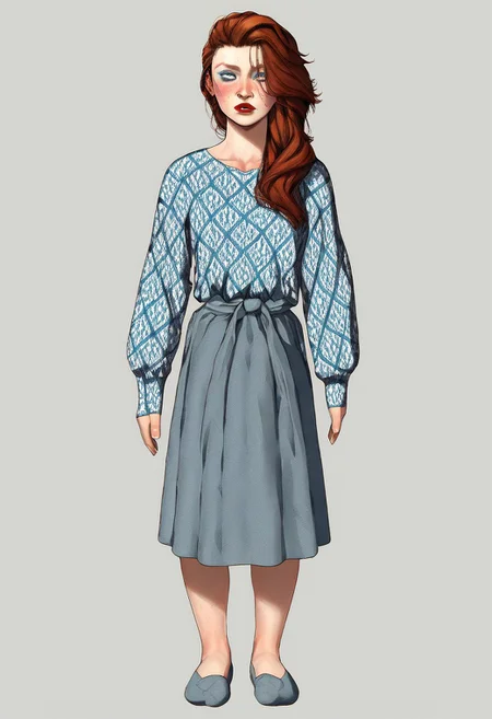 score_9, score_8_up,score_7_up,
1girl, fem_model_pose, 
h_lassie, porcelain skin, light freckles, ice blue eyes, blue eyeshadow, rosy blush, dark red lipstick, voluminous wavy auburn hair, side-swept bangs, tousled layers, long hair, textured ends \(hair\),
simple grey background, cowboy shot, (((full body))), standing,