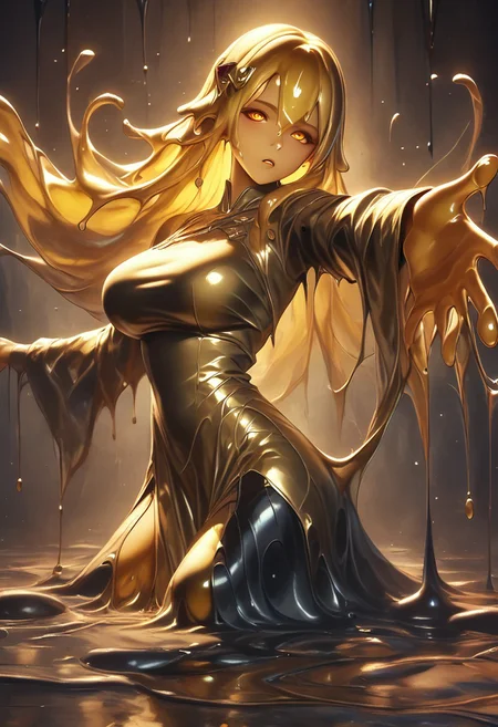 score_9, score_8_up, score_9_up, score_7_up, high quality, masterpiece, highly detailed, 1 girl, (((black slime girl))), large breasts, girl see through body. DonM5h4d0wM317XL, golden kimono dress, golden hair ornament, long hair, glowing golden eyes, reaching out to viewer, dark forest background