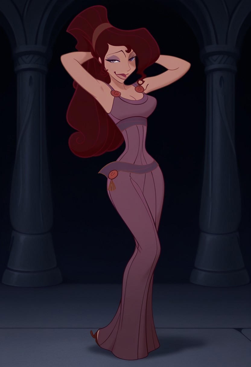 1girl, masterpiece, best quality, amazing quality, absurdres, <lora:Megara__Illustrious:1> m3g4r4, megara (hercules disney), long hair, tied hair, brown hair, purple eyes, purple Greek dress, cleavage, sexy makeup, lipstick, smiling, full body, flirtatious, seductive, alluring, arms behind head,