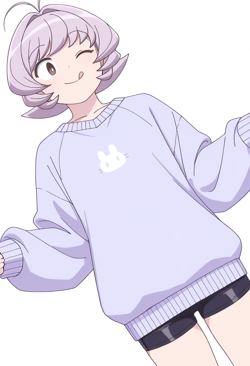 Smooth Quality,masterpiece,very intricate, high quality details, ultra realistic, high detailed skin,detailed enviorement,
simple background, white background,dutch angle,;q,
 tight shorts,  ,kimono,  ,pullover,, <lora:Osana_Najimi_cnn:0.8> osananajimicnn, 1other,short hair, brown eyes, antenna hair, androgynous, light purple hair,