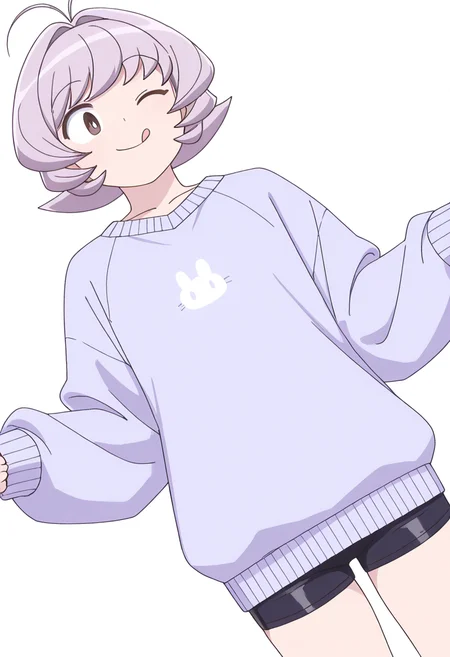 Smooth Quality,masterpiece,very intricate, high quality details, ultra realistic, high detailed skin,detailed enviorement,
simple background, white background,dutch angle,;q,
tight shorts, ,kimono, ,pullover,, <lora:Osana_Najimi_cnn:0.8> osananajimicnn, 1other,short hair, brown eyes, antenna hair, androgynous, light purple hair,