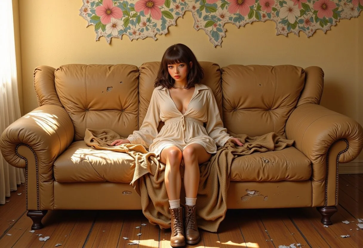 A young Asian woman with small breasts in a see-through beige dress that is open to expose her cleavage and navel is lying down with her back on the cushions of an old dilapidated beige couch. The couch has various tears on it including a major one on the left arm rest and a damaged portion of the backrest to the left of the image. The woman’s legs are spread with her knees pointing inward as if she is trying to squeeze them together, but her crotch is still visible. She is wearing very old, distressed, brown-colored boots that go up to her calf and they have cuffs near the top. The boots are lace-up. The woman is leaning her head slightly to the left and her shoulder-length brown hair drapes slightly over her shoulders. She has blunt bangs that hang down to her eyes. She is wearing mascara and nude lipstick. Her mouth is open slightly giving her an alluring appearance. She is sitting on a burlap sack on the couch that is under her bottom and it hangs off the couch. The room has distressed wood panels on the floor giving the impression that the building is abandoned. The wall has peeling light pink, white, and blue floral wallpaper that is heavily faded. To the left of the image is a white curtain indicating that a window is out-of-view. Amber lighting is coming from the out-of-view window suggesting that it is dusk. Small bits of trash litter the floor. The overall ambiance is trashpunk. The lighting has a strong amber hue high contrast with dark shadows and vivid colors.