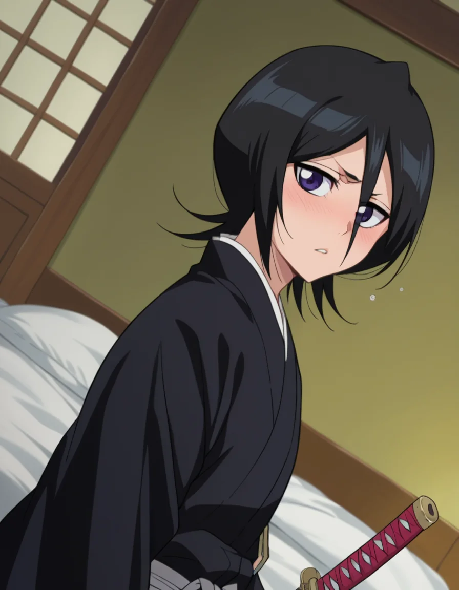 score_9, score_8_up, score_7_up, source_anime,
rukiakuchiki, <lora:rukia-kuchiki-ponyxl-lora-nochekaiser:1>,
rukia kuchiki, black hair, hair between eyes, purple eyes, short hair,
weapon, japanese clothes, sword, kimono, katana, sheath, hakama, black kimono, long sleeves, wide sleeves,
indoors, bed, bed room, on side, blush, drunk,
looking at viewer, dutch angle, cowboy shot,