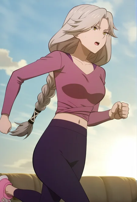 official style,(anime coloring:1.6),(anime screencap) masterpiece,masterpiece,very aesthetic,
absurdres,highres,
mature female,slim figure,medium breasts,<lora:detailed hand focus style illustriousXL v1:0.5>,detailed,
light grey background,solid background,gradient background,backlighting,cinematic_angle,1girl,solo,
sunrise,blue sky,cloud,dynamic angle,
<lora:To Be Hero X-QueenV1-Nuclear1811-IL>,Queen-Liu,yellow eyes,grey hair,long hair,very long hair,braid,long braid,single braid,braided ponytail,ch5,ch5 midriff,ch5 yoga midriff,ch5 pink midriff,ch5 backless midriff,ch5 long sleeves,ch5 bra strap,ch5 purple bra strip,ch5 navel,ch5 pants,ch5 yoga pants,ch5 purple yoga pants,ch5 plump buttocks,ch5 shoes,ch5 pink footwear,ch5 sneakers,exercising,running,