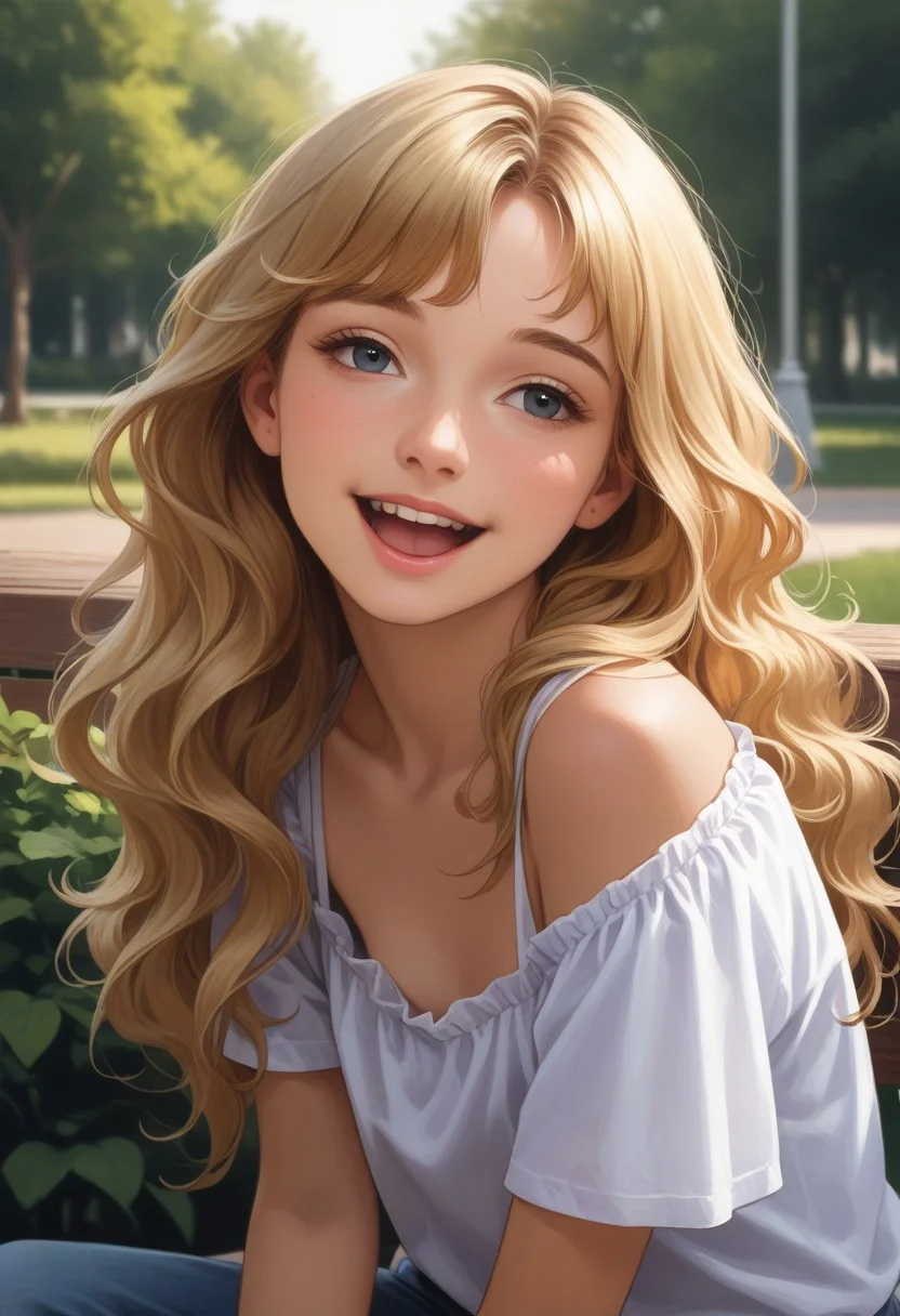 score_9, score_8_up, score_7_up, source_anime,high quality, highly detailed, flat illustration, rim lighting,
masterpiece, realistic, best quality, highly detailed,
1girl, (very aesthetic:1), (close-up:1.3), goldieblox, blonde hair, long hair, fluffy hair, head tilt, loose blouse, leaning forward , small hanging breasts, open mouth,, laughing, sitting on a park bench, from side, from above