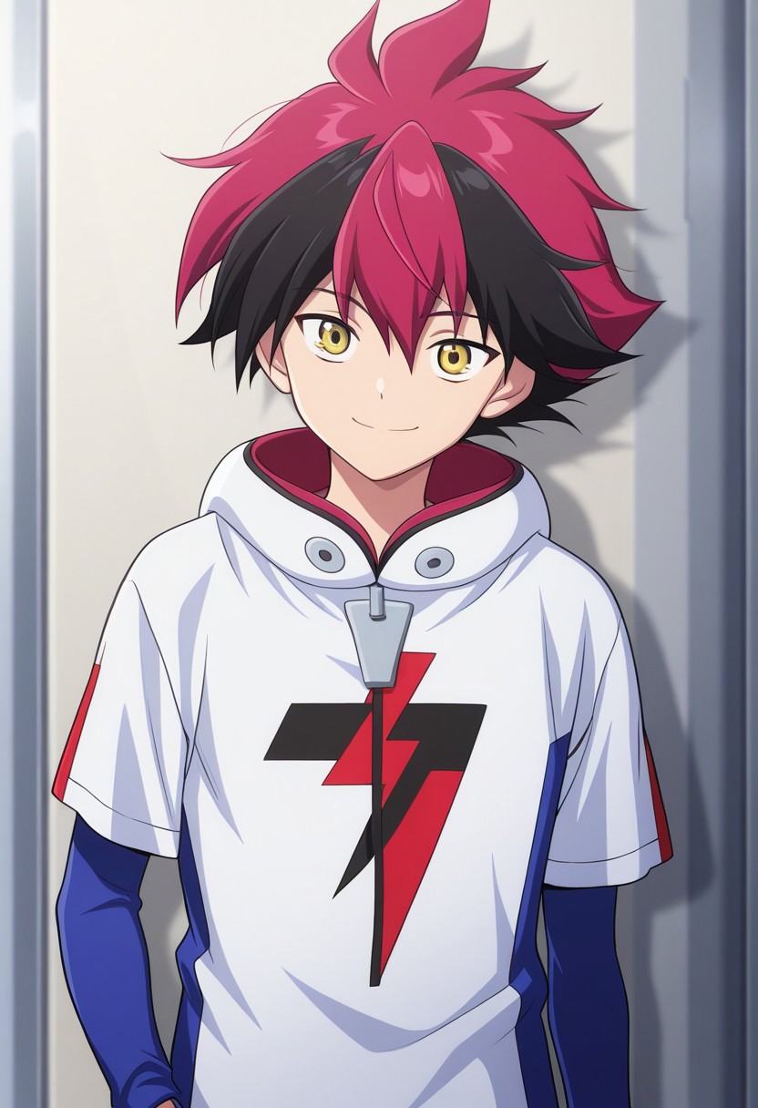 masterpiece,best quality,amazing quality, source_anime,
hiroryuga, 1boy, male focus, solo, yellow eyes, multicolored hair, red hair, black hair, hoodie, white hoodie, hood, lightning bolt print, blue shirt, short over long sleeves, smile
