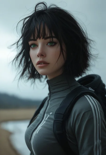 masterpiece,best quality, (highly detailed), score_9, score_8_up, score_7_up, score_6_up, BREAK, 1girl, ((extremely beautiful, 25yo, black hair girl, (wavy medium messy haircut with full fringe and bangs), perfect detailed green eyes, medium breasts, slender body, curvy)), BREAK, model pose, adventurer, streetwear skater dress, hiking backpack,portiret, closeup