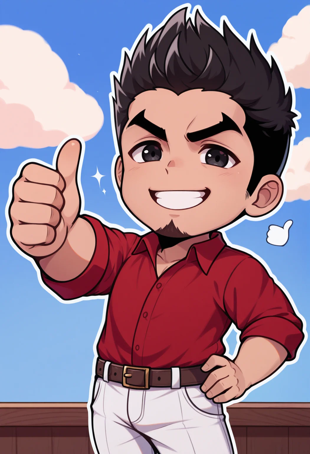 1boy, solo, male focus, happy, smile, thumbs up, blue sky, chibi, looking at viewer, outline, hand on own hip,
<lora:KazumaKiryu-guy90-Illust-LoraV1:.9> kazryu, black eyes, goatee, black hair, short hair, facial hair, red shirt, collared shirt, white pants, belt
masterpiece, best quality
