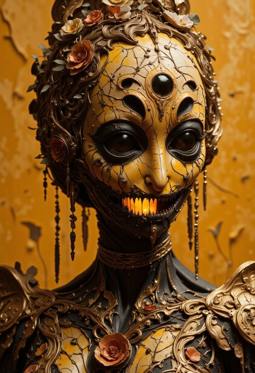 Create an intricately detailed, hyper-realistic portrait of an aging, cracking, and broken Victorian-era porcelain and paper-mâché doll depicting a wise woman. A prominent crack with a hole adorns her forehead revealing an eerie yellow glow emanating from within the doll, adding an unsettling and eerie aura to her visage. Her eyes are completely black, resembling deep voids that seem to hold ancient secrets and untold stories. She is set against a backdrop of aged, yellowed parchment, its worn textures complementing her own decaying appearance. Her ornate, Victorian-inspired gown is adorned with delicate, hand-crafted paper flowers, their petals unfolding like tiny, intricate sculptures—some torn and weathered by time.
The overall aesthetic blends Luis Royo's dark, mystical realism with Artgerm's meticulous attention to detail and H.P. Lovecraft's eerie, otherworldly sensibilities. Ambient light casts dramatic shadows across her face, accentuating the aging textures of the paper-mâché and the luminous yet cracked porcelain-like skin. The delicate, swirling patterns of the gown's aged embroidery are highlighted, emphasizing the craftsmanship of a bygone era. Wisps of faded lace and frayed edges add to the haunting beauty of the scene. The atmosphere exudes haunting elegance and creeping unease, capturing the duality of beauty and decay in a single, mesmerizing image.