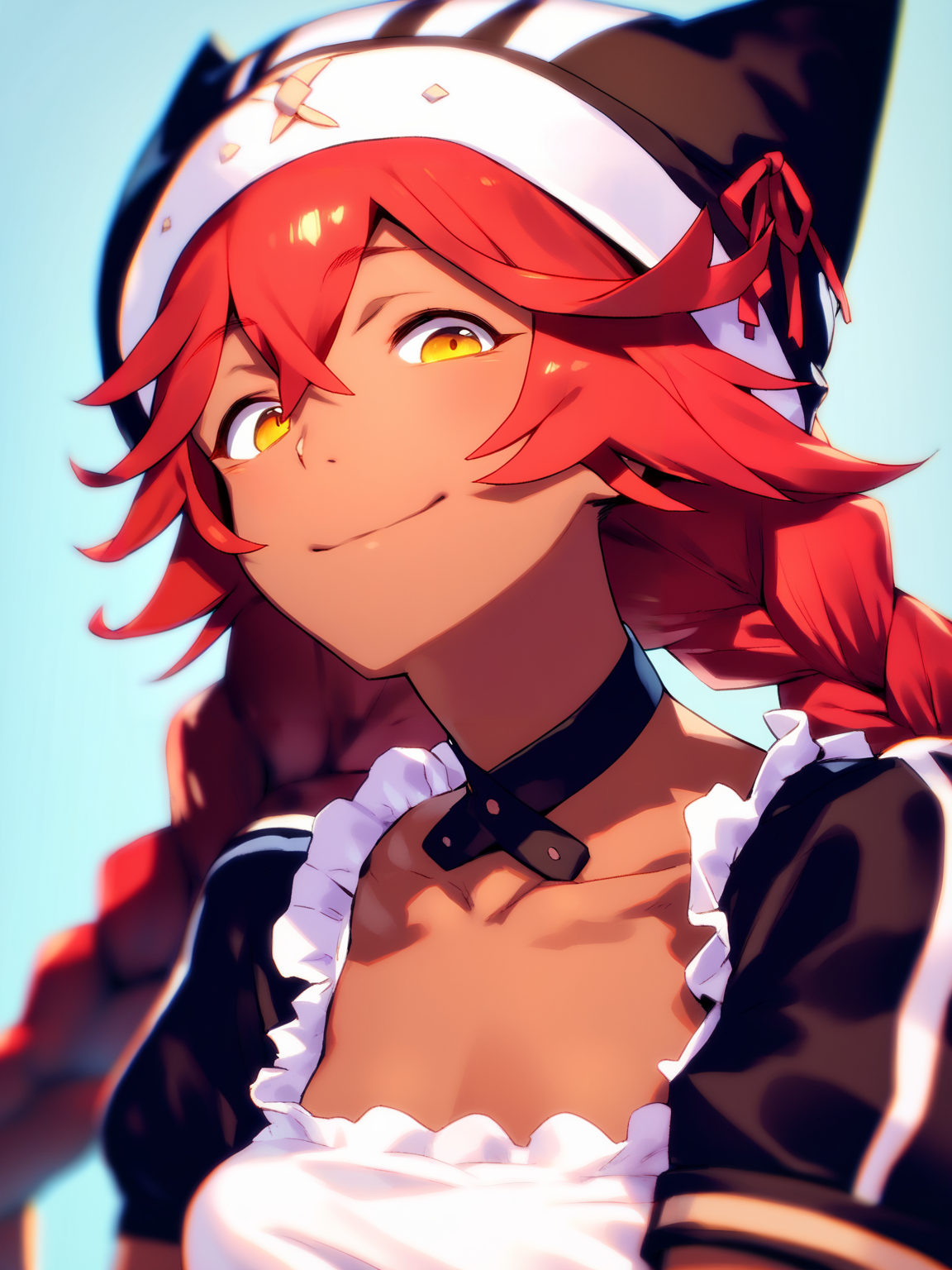 score_9, score_8_up, score_7_up, score_6_up, score_5_up, score_4_up, BREAK, source_cartoon, source_anime, 1girl, lupusregina, red hair, long hair, twin braids, yellow eyes, dark skin, choker, dress, hat, maid, upper body, sadistic smile, looking at viewer, solo, simple background     <lora:LupusReginaXL:1>