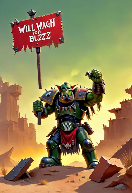 A portrait painting of an Ork Nob from Warhammer 40,000 In both hands he is holding a large scrap metal sign that says ("WILL WAAAGH FOR BUZZ"). <lora:texta:2.0> the word "WAAAGH", text
 The Ork is massive and muscular, with green skin covered in scars and crude tattoos. His face is broad and brutish, with a jutting lower jaw full of sharp, yellowed teeth. Small, red eyes gleam with a cunning ferocity beneath a heavy brow.
The Nob wears mismatched, scavenged armor plates in various shades of red and metal.
His pose shows him holding a sign. The background shows a desert wasteland and a ramshackle fort made of mismatched pieces of metal and wood .
Style: Digital painting with a gritty, textured look emphasizing the rough and brutal nature of Orks. The color palette should be dominated by various shades of green, red, and metallic tones.
 <lora:Ork-Boyz:1>