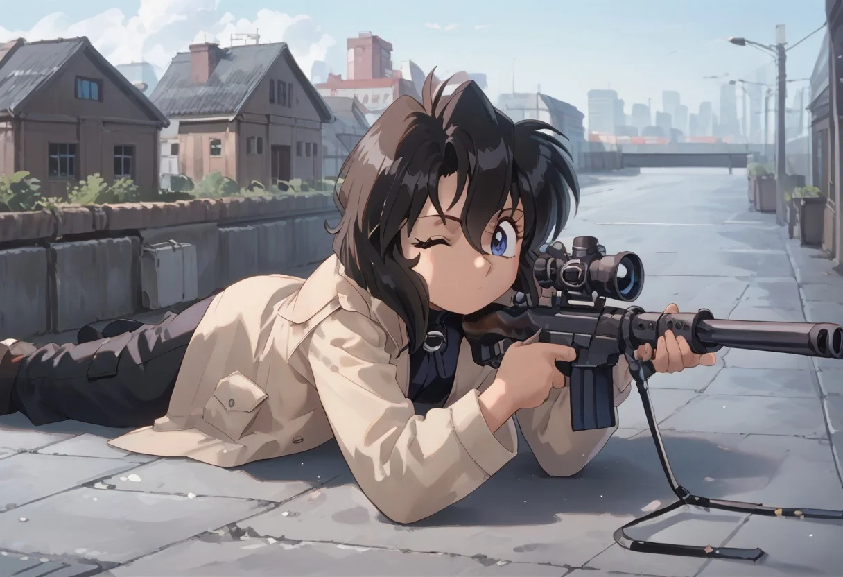 score_8, score_8_up, score_7_up, gnsmth BREAK gnsmth, 1girl, female focus, solo, rally, dark-skinned female, black hair, blue eyes, short hair, tan coat, black pants, full body, Laying on floor, on stomach, Sniper, scope, Aiming, one eye closed, outdoors, rooftop, rifle