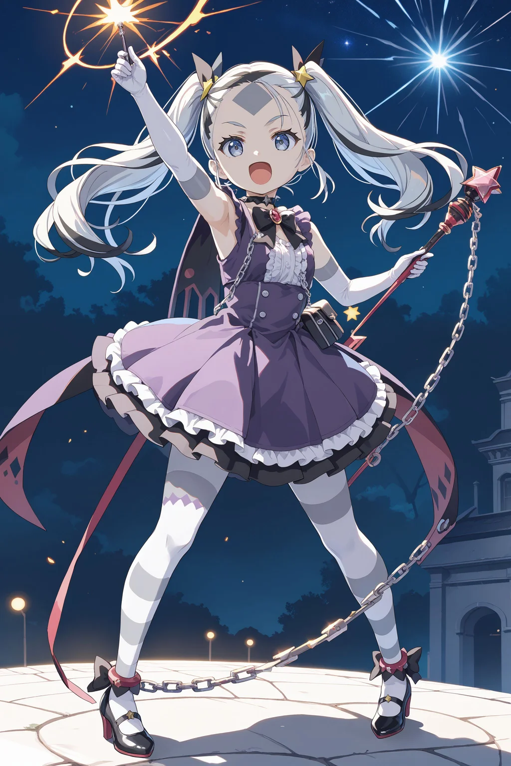 score_max, (score_9, score_8_up, score_7_up:1.2), score_6_up, official art, source_anime,
anime screencap, masterpiece, absurdres, high detail, 8k,
rising sun, flash,
standing, legs apart, arm up, holding wand, star \(symbol\), open mouth, :d,
nymph, (grey skin:1.2), twintails, forehead, long hair, two-tone hair, bodypaint, striped, magica2019, wing hair ornament, choker, purple dress, bowtie, brooch, black bow, sleeveless, frills, white gloves, elbow gloves, black skirt, chain, white footwear, heels
<lora:XL_Pony_MGCM-nymph-t1:1.2>
