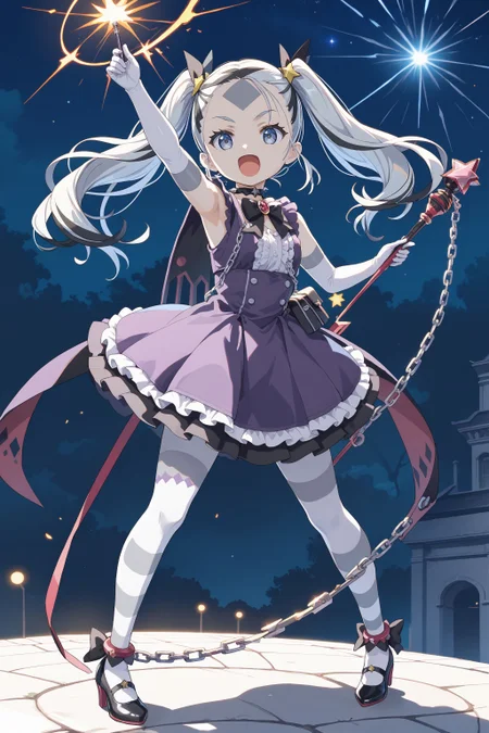 score_max, (score_9, score_8_up, score_7_up:1.2), score_6_up, official art, source_anime,
anime screencap, masterpiece, absurdres, high detail, 8k,
rising sun, flash,
standing, legs apart, arm up, holding wand, star \(symbol\), open mouth, :d,
nymph, (grey skin:1.2), twintails, forehead, long hair, two-tone hair, bodypaint, striped, magica2019, wing hair ornament, choker, purple dress, bowtie, brooch, black bow, sleeveless, frills, white gloves, elbow gloves, black skirt, chain, white footwear, heels
<lora:XL_Pony_MGCM-nymph-t1:1.2>