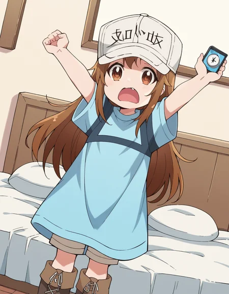 score_9, score_8_up, score_7_up, source_anime, <lora:platelet-s1-ponyxl-lora-nochekaiser:1>, platelet, long hair, brown hair, brown eyes,, shirt, hat, short sleeves, boots, white headwear, blue shirt, flat cap,, bedroom, alarm clock, morning routine, yawning, stretching, on bed,, , looking at viewer, arm holding a phone, solo,, cowboy shot, dutch angle