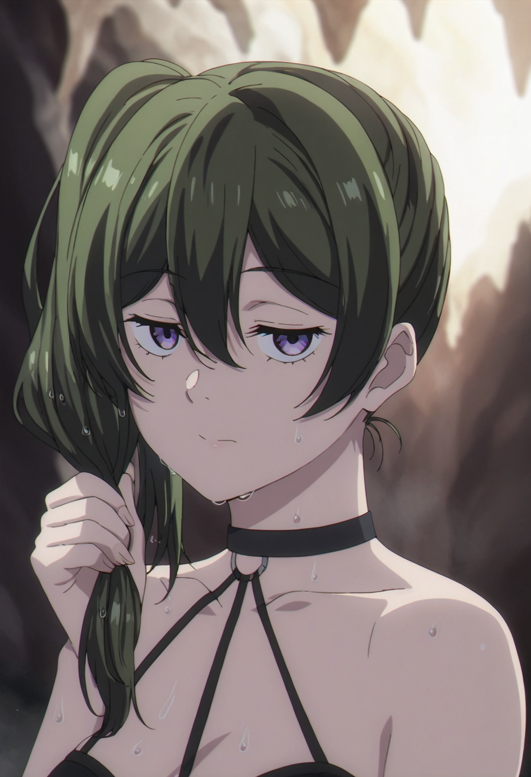 1girl, ubel, <lora:ubel_ponyxl_v1:0.9>, solo, green hair, side ponytail, purple eyes, half-closed eyes, BREAK
halterneck, black choker, BREAK
upper body, close-up, closed mouth, wet hair, holding own hair, sweat, looking at viewer, BREAK
dark, cave, BREAK
score_9, score_8_up, score_7_up, score_6_up, score_5_up, anime, (high quality, detailed, beautiful), shiny, detailed beautiful eyes, outstanding, countershading, detailed soft lighting