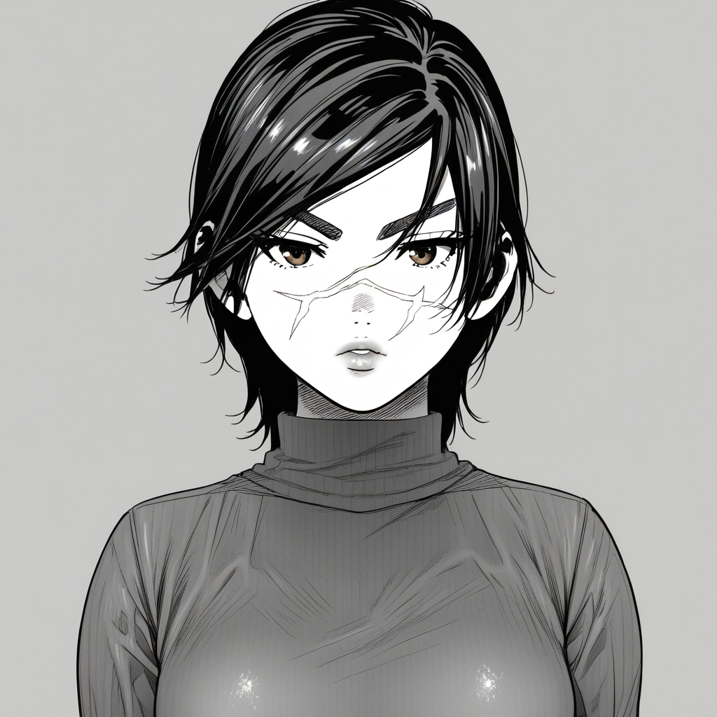 score_8_up, BREAK, SaichiSugimoto, 1girl, solo, black hair, short hair, brown eyes,  scar on face,  turtleneck, cowboy shot,  <lora:female_SaichiSugimoto_PXL_Leaf1:1>, monochrome, greyscale,