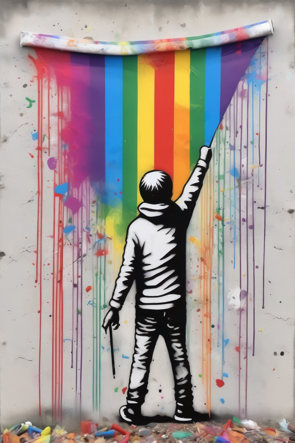 <lora:Martin Whatson Style:1>Martin Whatson Style - Graffiti art rainbow flag colorful happy proud people banksy style