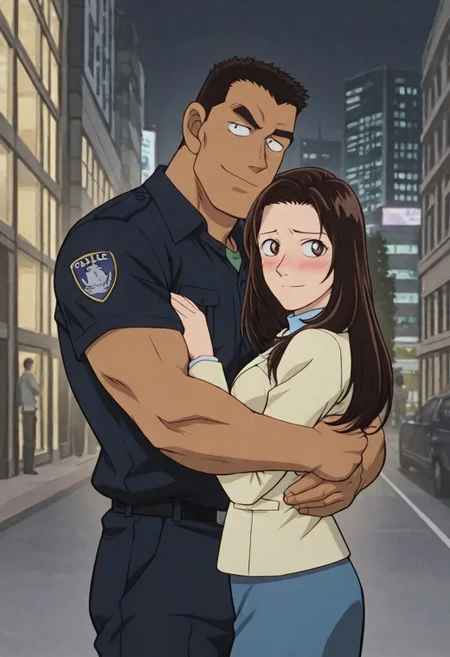 Anime, quality,high quality,masterpiece,extremely detailed,correct anatomy,best aesthetic, detailed face, (EyesHD), (duo), outdoor, city street, (1man, man taller male, man large pectorals, man muscular body, man crew cut, solid pupils:1.5, man black short hair, Date Wataru, man dark navy police uniform, man dark navy police shirt, dark navy pants, man soft smile face, man hugging, man tanned skin, man looking at girl), BREAK, (1girl, nastumi01, girl long hair, girl brown hair, girl light yellow jacket, girl blue pencil skirt, girl blue dress, girl blush, girl shy face, girl pretty face, girl slender body)