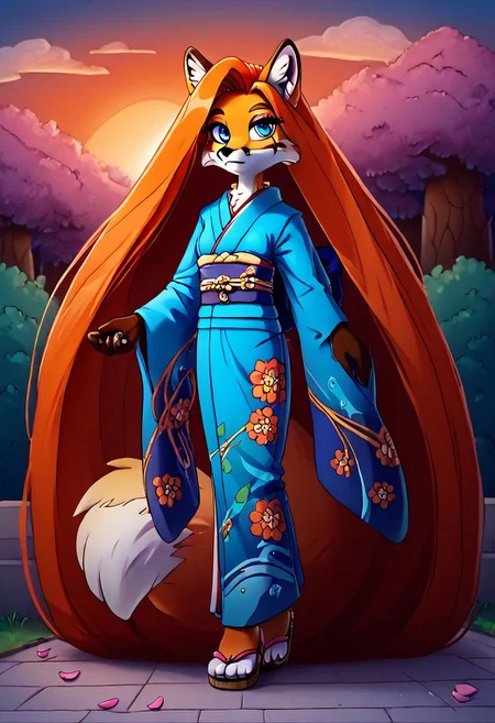 score_9_up, score_8_up, score_7_up, <lora:colorkimonoPony:1>, <lora:0712 kimono_v1_pony:1>, <lora:DetailedEyes_V3:1>, <lora:HandFixer_pdxl_Incrs_v1:0.5>, (masterpiece), (best quality), hyper detailed, perfect anatomy, anthro fox girl, dazzling, perfect face, handfixer, 5_fingers, handpaw, 4_toes, hindpaw, fox furry,
sexy, seductive, (absurdly long hair:1.75), very long hair, floor length hair, orange hair, hair down, blue eyes, print_kimono, ruanyi0712, floral print, light blue kimono, obijime, sandals, tabi, wide sleeves, orange fur, (tail rooted in coccyx:1.2), dusk, anthro, female furry, fox, fox tail, fox ears, body fur, fluffy, paws, closed mouth, sunset, trees, outdoor, in spring, falling petals, cherry blossoms, looking_at_viewer