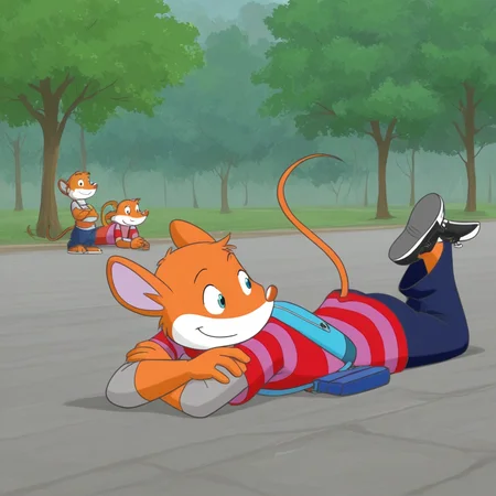 tail, crossed arms, shoes, tree, on stomach, bag, outdoors, smile, striped, furry
