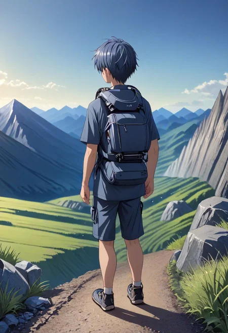 high resolution, solo, best quality, 1Boy, Tomoya Okazaki, Grey Blue Hair, landscape, looking away, high mountain, hiking gear, shallow depth of field, OverallDetail