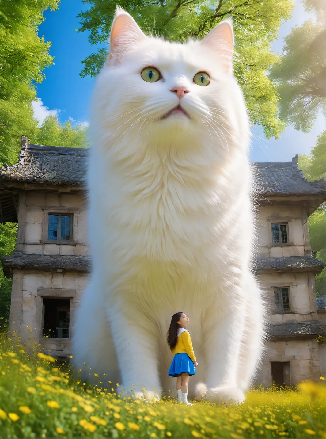 <lora:white cat è¿æV1.0-0008:0.8>,large white cat,a young girl,in the middle of the forest, large building,, (masterpiece, best quality, highres:1.2),