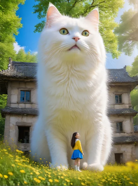 <lora:white cat è¿æV1.0-0008:0.8>,large white cat,a young girl,in the middle of the forest, large building,, (masterpiece, best quality, highres:1.2),