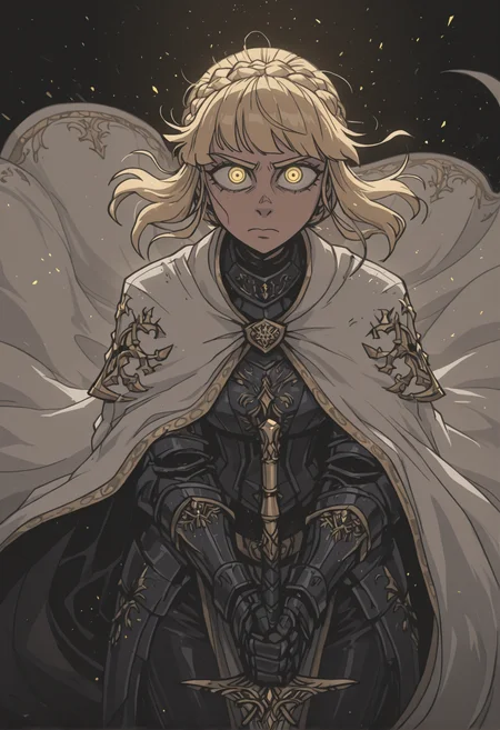 score_9, score_8_up, score_7_up, masterpiece, best quality, very aesthetic, vanripper, derpxstyle, detailed face, (dynamic:1), highres, detailed, 1girl, KnightLeda, blonde hair, bangs, crown braid, hair floating on wind, yellow eyes, looking at viewer, needle knight armor, armor, white cape, gloves, gauntlets, black pants, holding sword, sword, leda sword, black background
<lora:Needle_Knight_Leda_-_Maly007_lora:0.75>::0.3
<lora:VanripperIllustriousXL_byKonan:0.95>
<lora:derpixon_style_illustrious_v1:0.55>