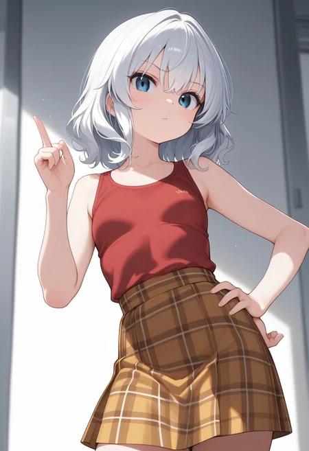 score_9, MeganChan, looking at veiwer, hand on hip, wagging finger,