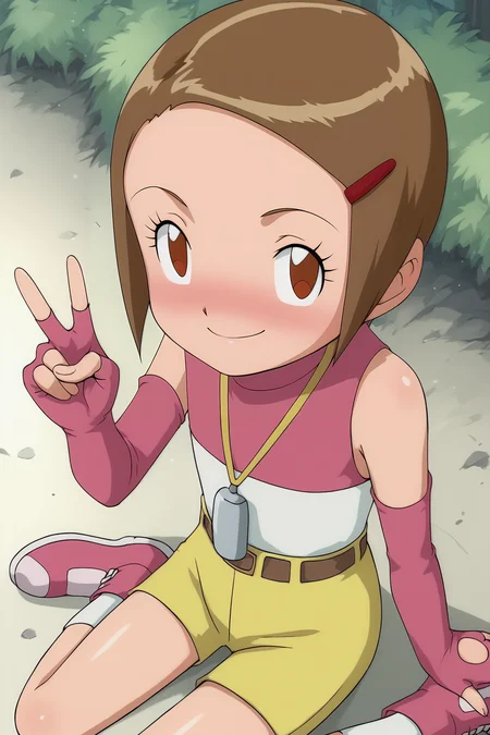 score_9, score_8_up, score_7_up, score_6_up, BREAK, KariDA2PXL, brown eyes, brown hair, short hair, red hairclip, flat chest, yellow necklace, pink shirt, detached sleeves, pink elbow gloves, fingerless gloves, belt, yellow shorts, short shorts, white socks, pink boots, solo, sitting, above view, peace sign, seductive smile, looking at viewer, naughty face, nose blush, forest, tree <lora:KariDA2PXL:1>