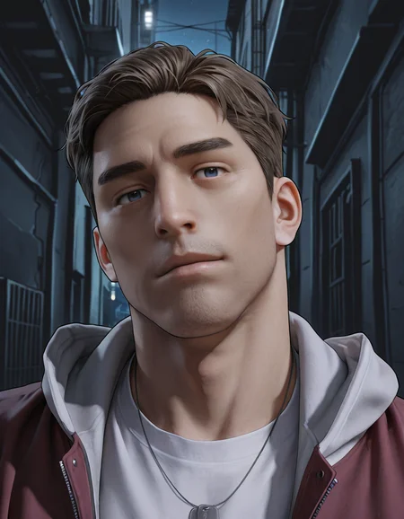masterpiece, best quality, absurdres, newest, perfect quality, best quality, absolutely eye-catching, detailed background, intricate details, male focus, solo, anime, 2d, <lora:Resident Evil - Samuel Jordan - Illustrious-000004:0.7>, resam, 1boy, mature male, no facial hair, short hair, brown hair, blue eyes, city, alley, night, two-tone hooded jacket, sleeves rolled up, white shirt, dog tags, portrait, head tilt