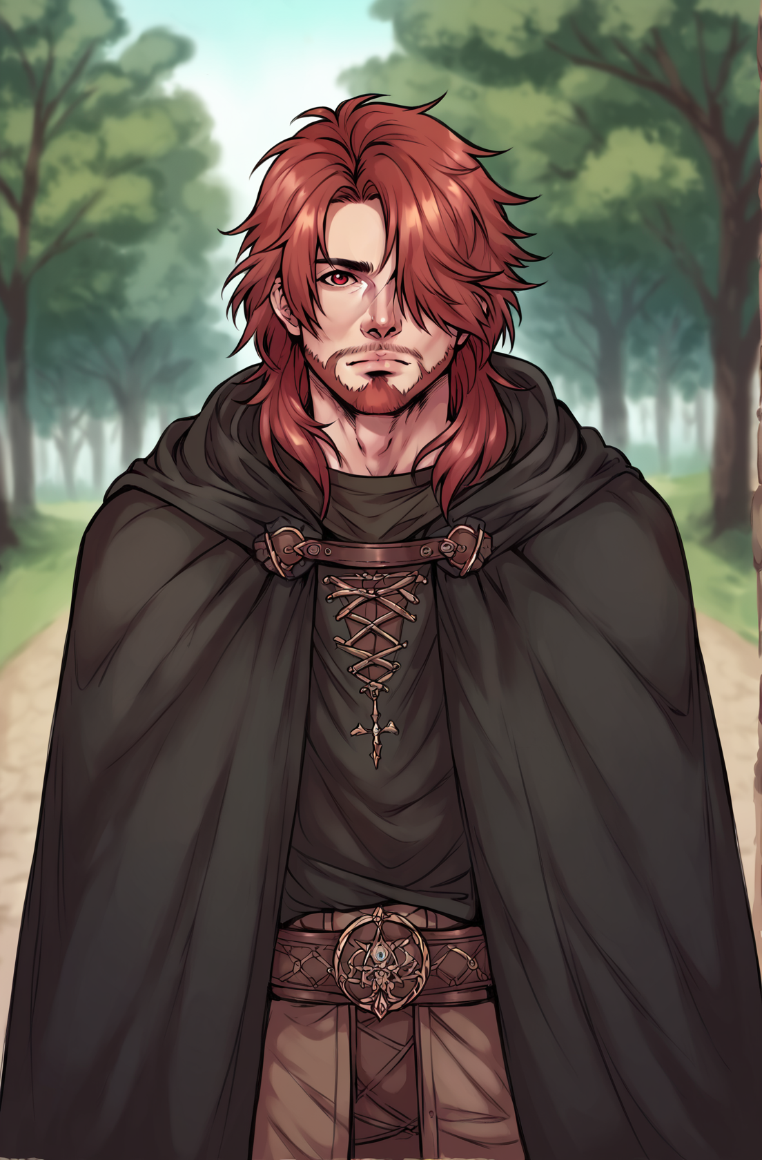 score_9,score_8_up,score_7_up,score_6_up,score_5_up,score_4_up ,<lora:aesthetic_witchy:0.3>,witchyaesthetic,realistic,blurry background solo,long hair,looking at viewer,red eyes,1boy,closed mouth,male focus,red hair,outdoors,belt,hood,hair over one eye,blurry,tree,blurry background,facial hair,cloak,beard,hood up,hooded cloak <lora:dskart_ponyxl:0.8> Duskfallcrew Art Style