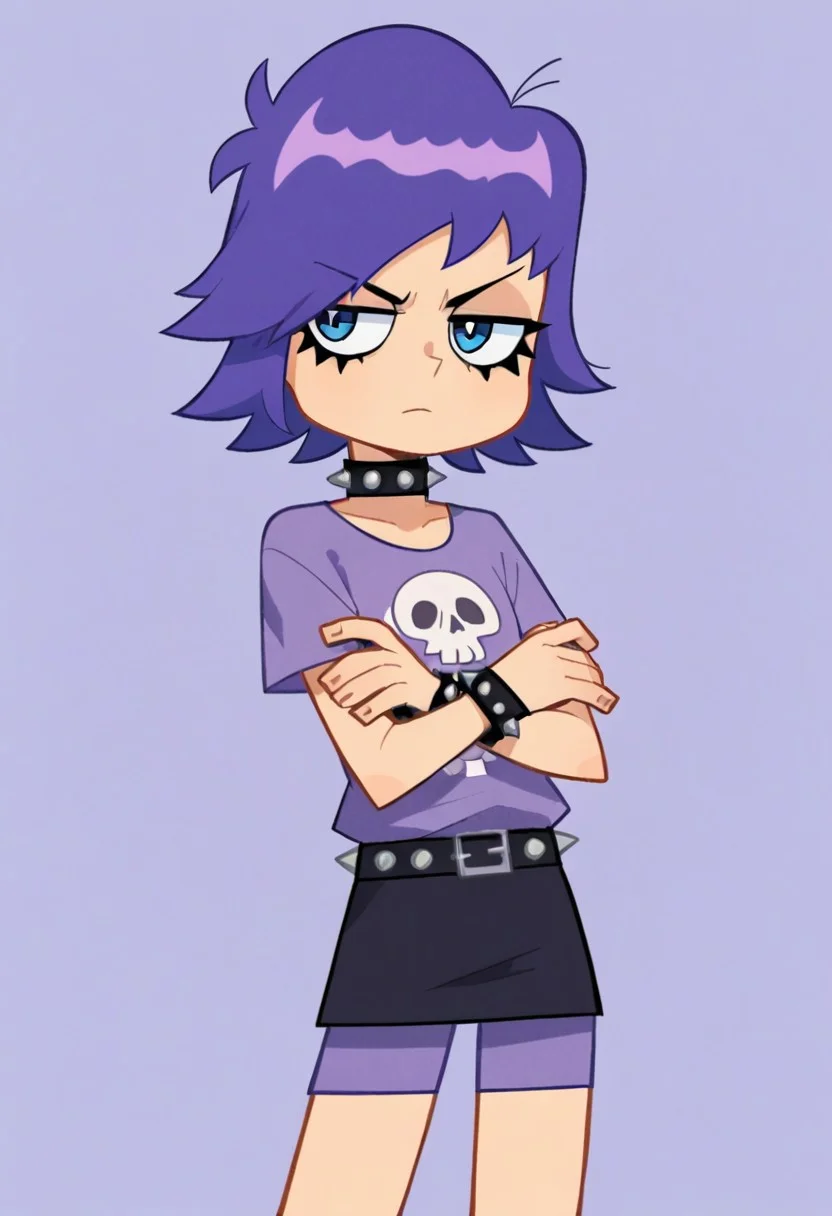 score_9, score_8_up, score_7_up, anime, 1girl, solo, yum1 y0shimur4, purple hair, blue eyes, spiked collar, spiked bracelet, purple shirt, skull print, black skirt, purple shorts, standing, cowboy shot, looking at viewer, expressionless, crossed arms